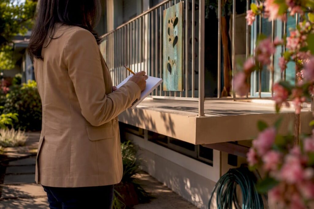 Agent measuring window on home exterior
