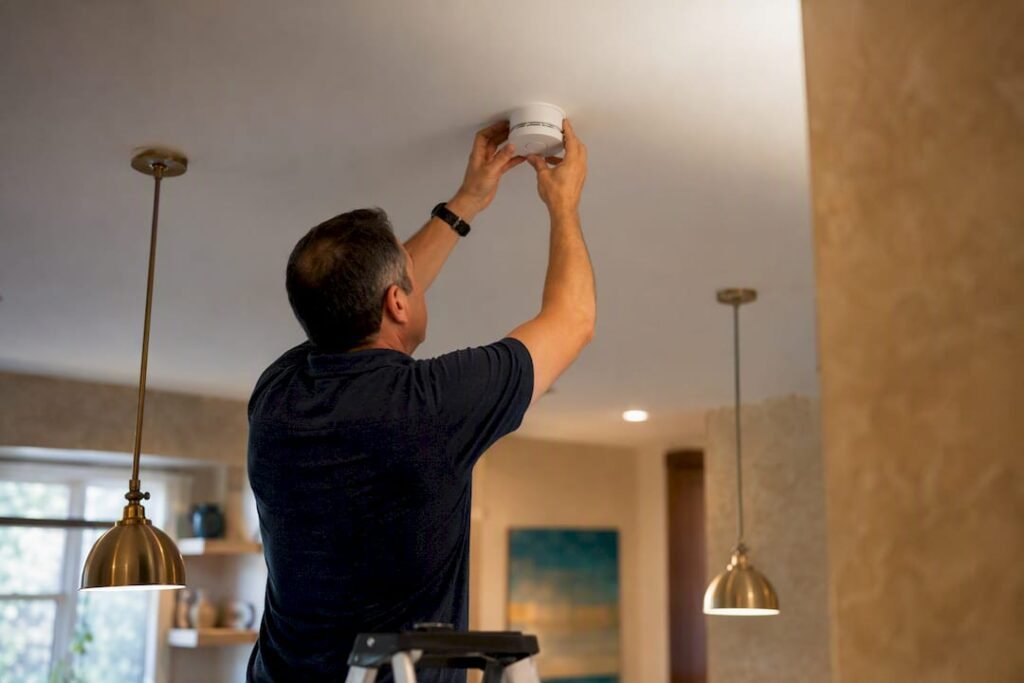 Hands installing smoke detector on ceiling