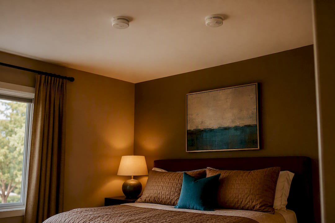 Interconnected smoke alarms on bedroom ceiling