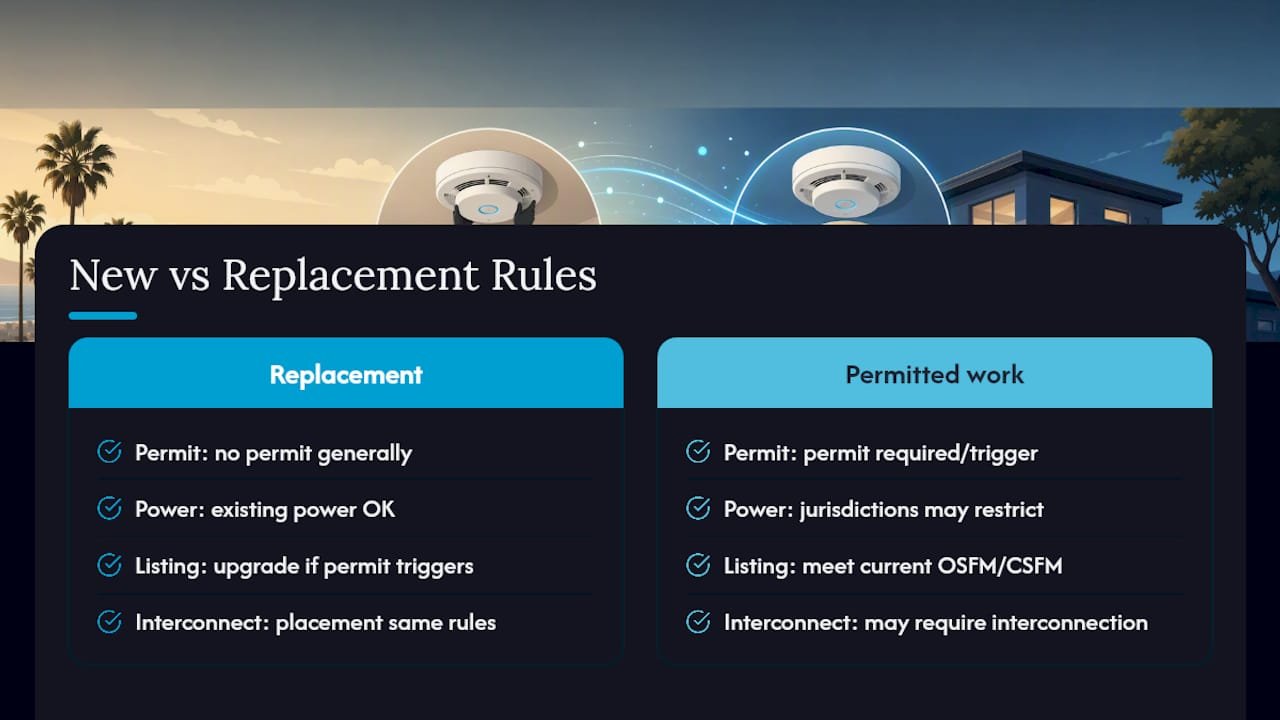 Diagram comparing new construction versus existing home smoke alarm rules
