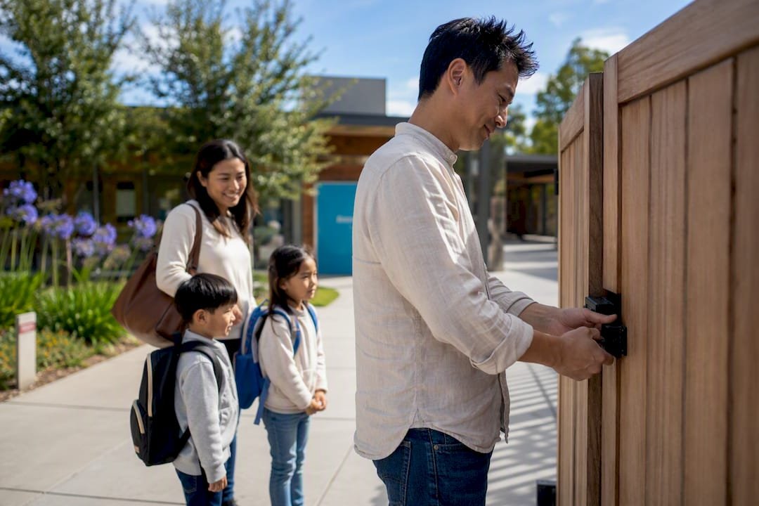 Hand unlocking school gate in suburban neighborhood