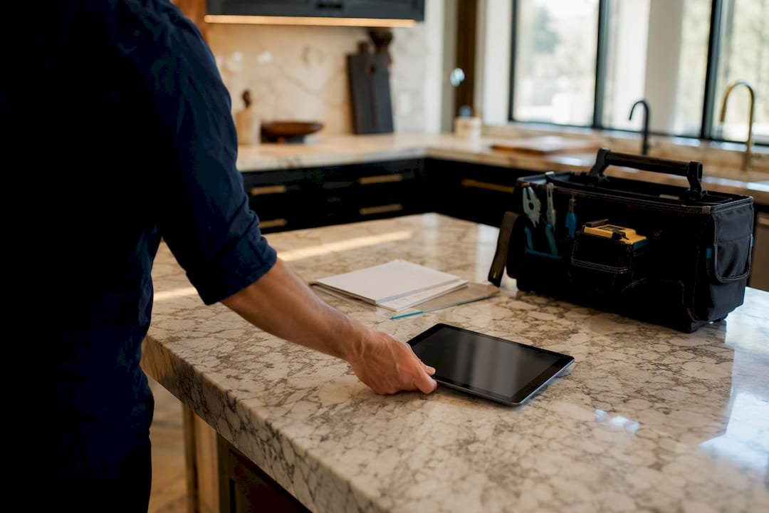 Hand setting down tablet after home inspection