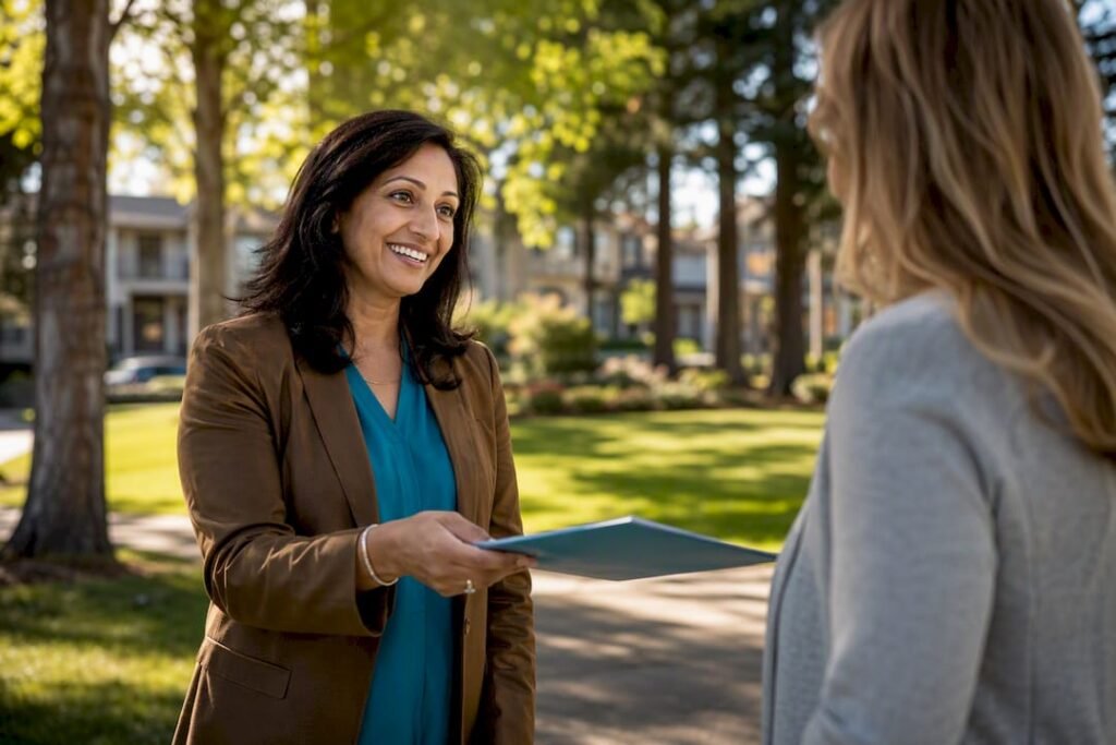 Real estate agent presenting listing proposal outdoors