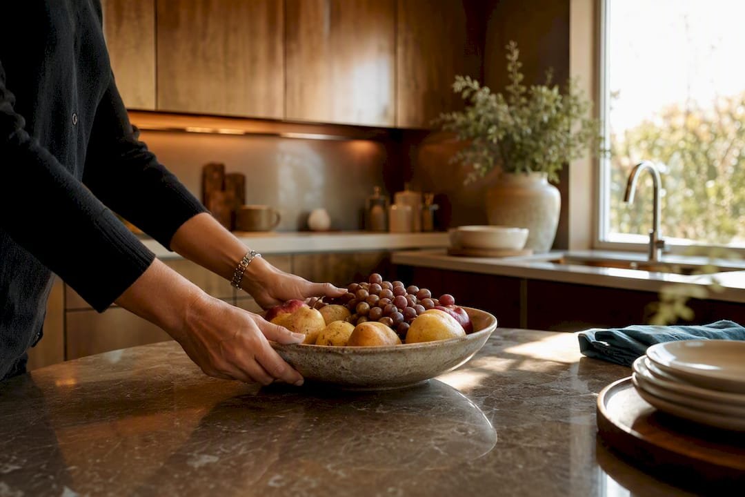 Hands arranging flowers on a staged kitchen counter