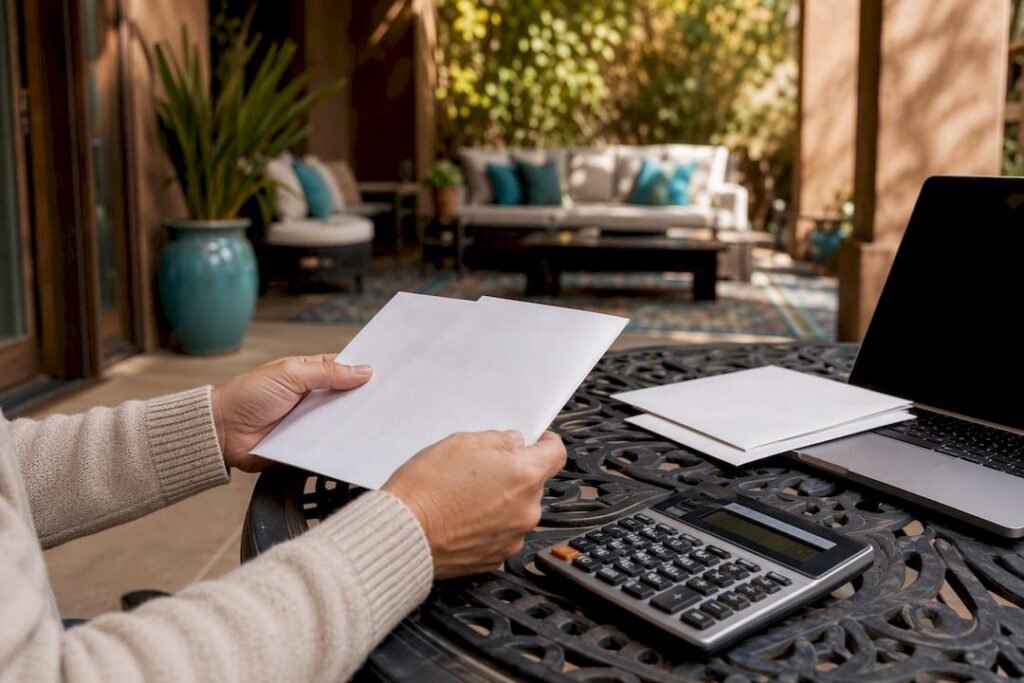 Hands holding mortgage rate brochures and calculator