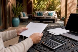 Hands holding mortgage rate brochures and calculator