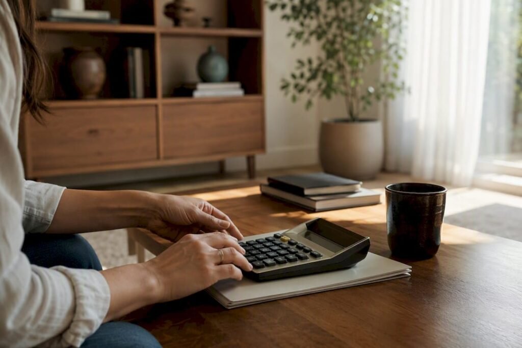Hands calculating transfer tax in home office