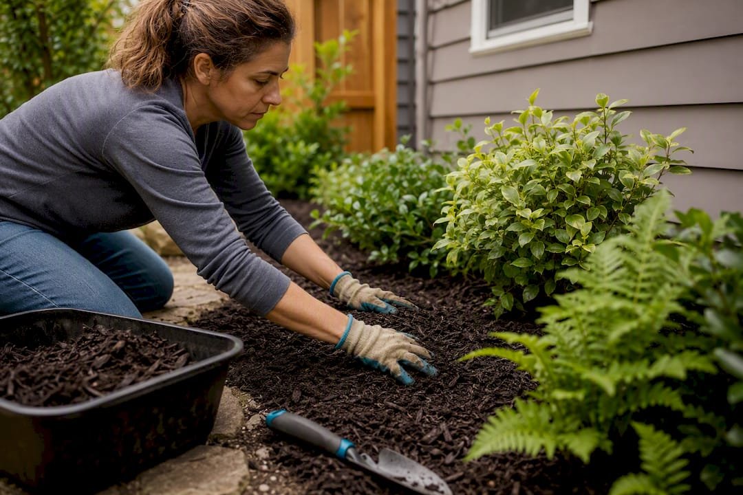 Homeowner spreading mulch around shrubs