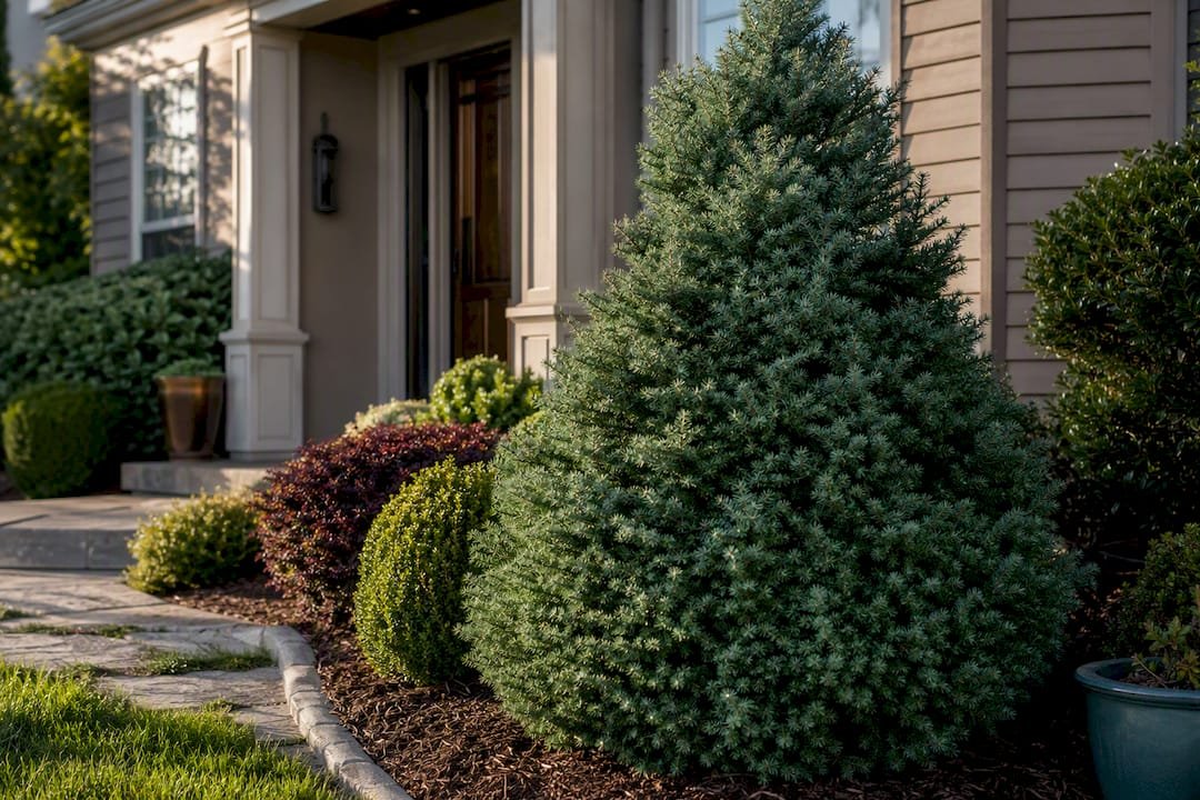 Mature evergreen anchoring front planting bed