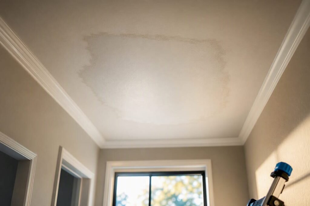 Painted ceiling patch showing concealed roof damage