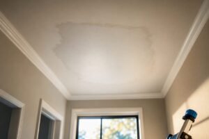 Painted ceiling patch showing concealed roof damage