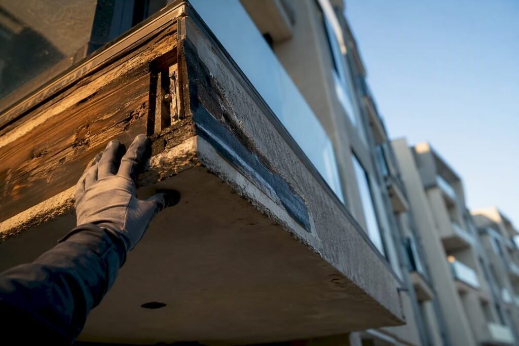 Engineer examining condominium balcony structure