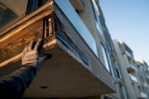Engineer examining condominium balcony structure