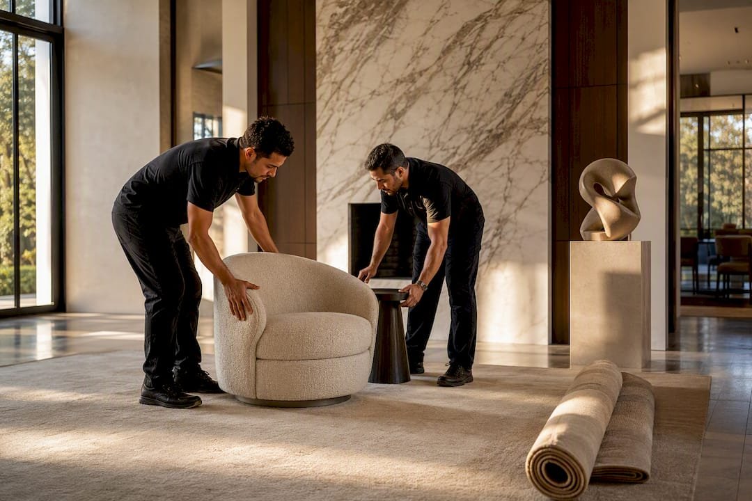 Installers positioning furniture in luxury room
