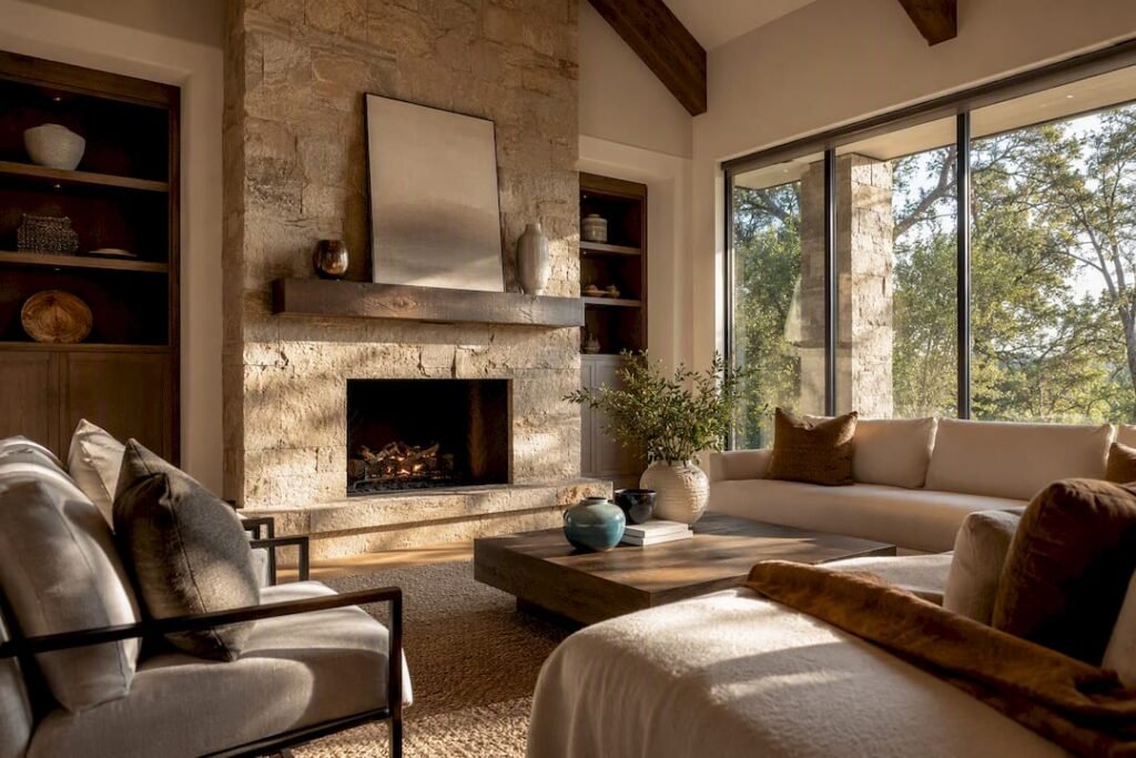 Luxury living room staged around fireplace
